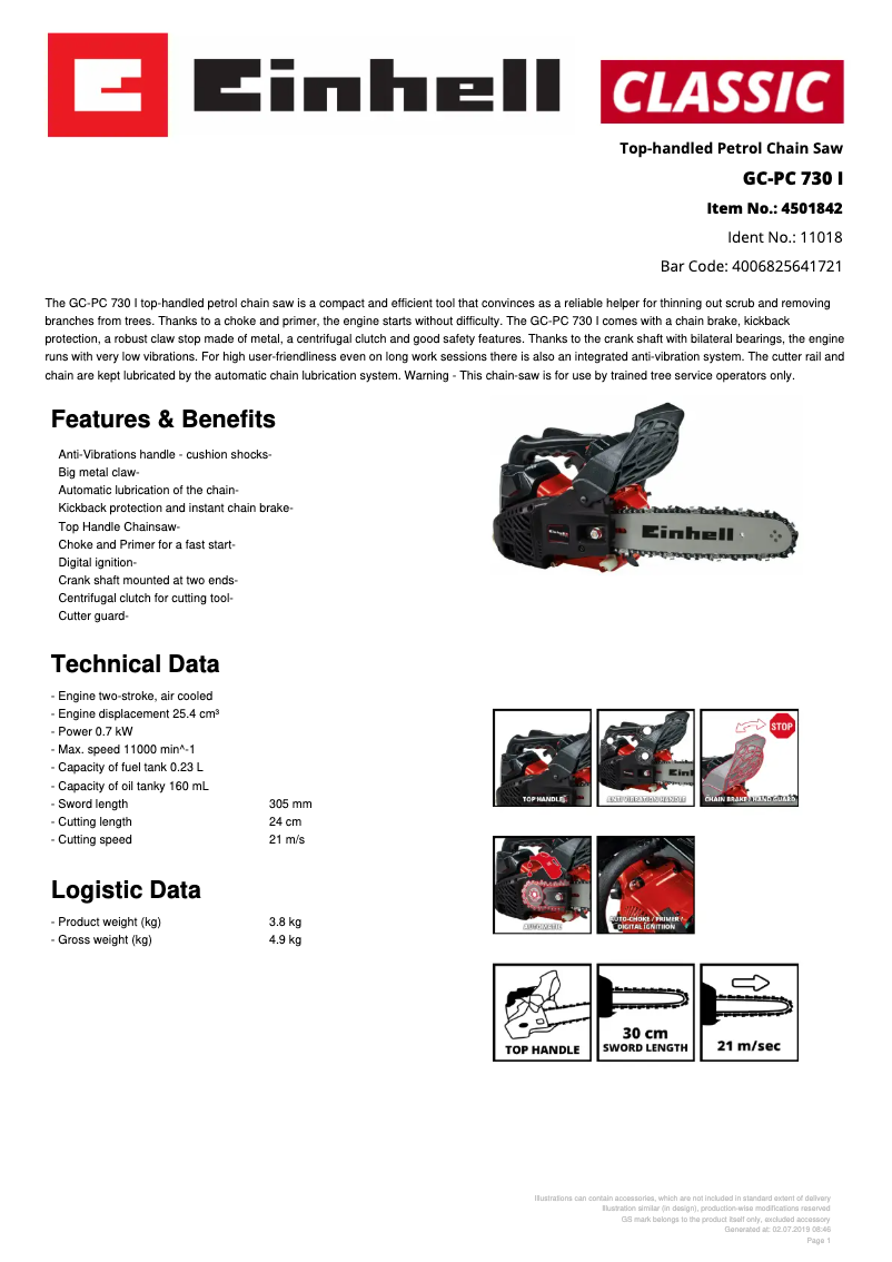 Page 1 de la notice Fiche technique Einhell GC-PC 730 I