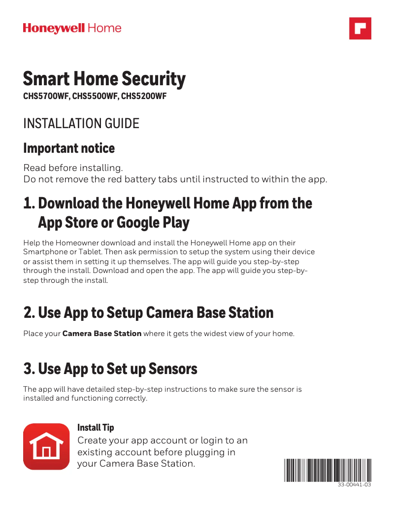 Page 1 de la notice Guide d'installation Honeywell RCHS5230WF1008