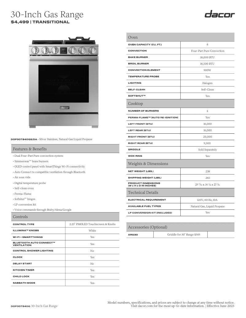 Page 1 de la notice Fiche technique Dacor DOP30T840GS
