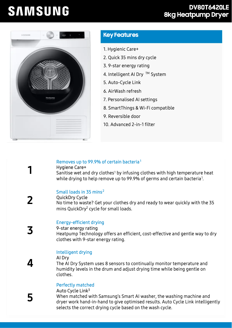Página 1 del manual Ficha técnica Samsung DV80T6420LE