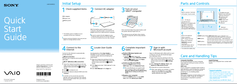 Page 1 de la notice Guide d'installation Sony Vaio Tab 13 SVT13132CXS