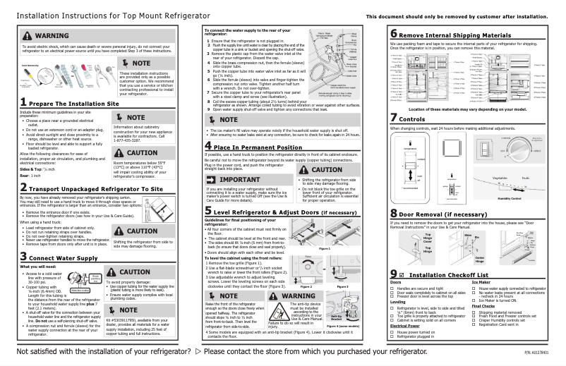 Page 1 de la notice Guide d'installation Frigidaire FFHT2021Q