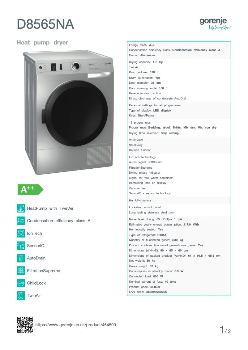 Page n°1 - Fiche technique Gorenje D8565NA