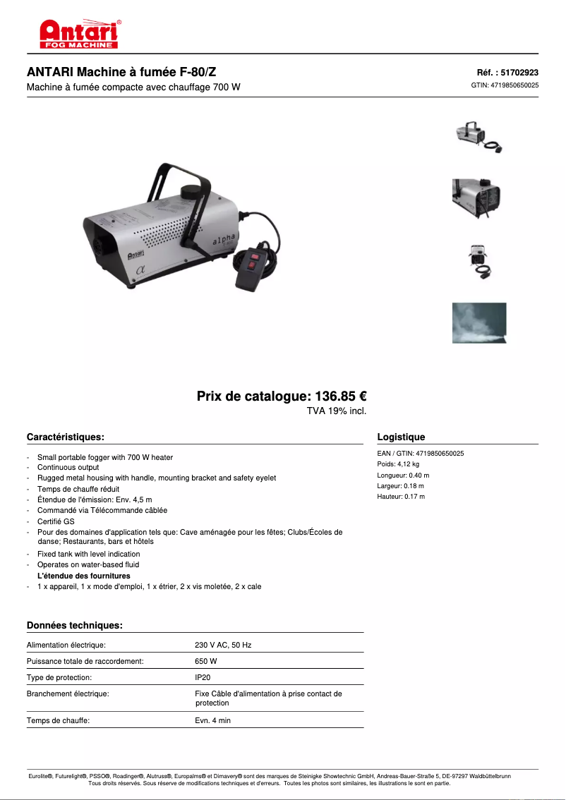 Page 1 de la notice Fiche technique Antari F-80