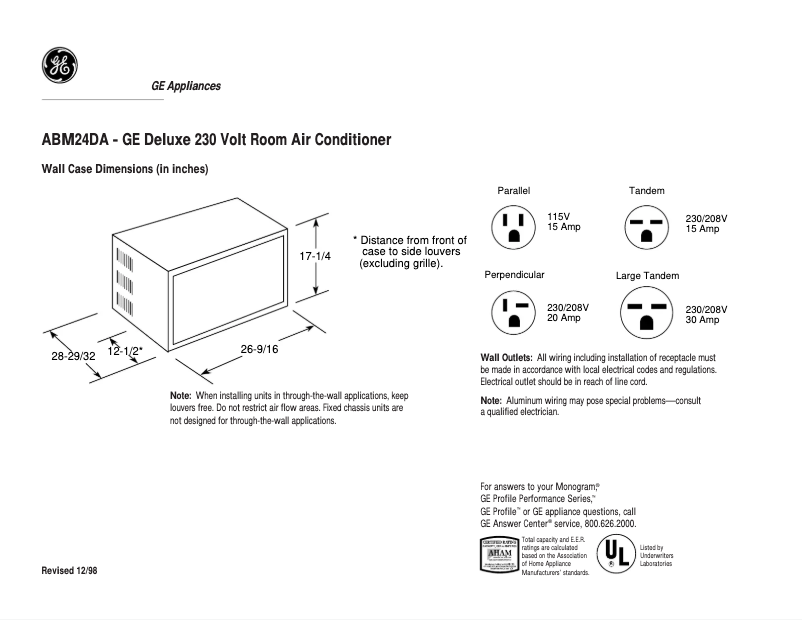 Page 1 of the manual Technical Sheet GE ABM24DA