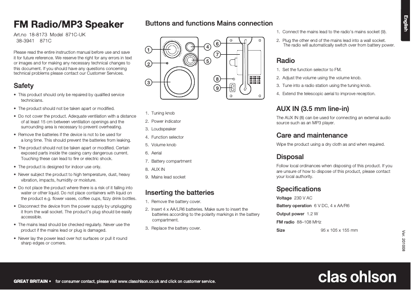 Page 1 de la notice Manuel utilisateur Clas Ohlson 871C
