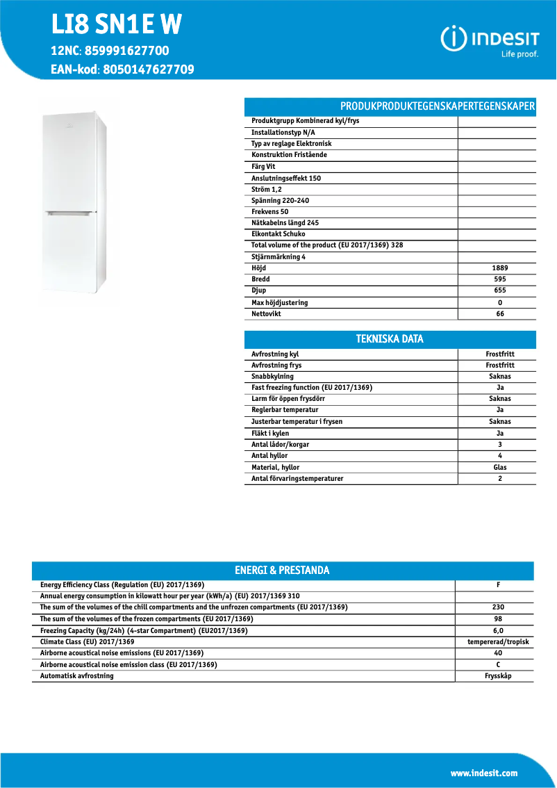 Page 1 de la notice Fiche technique Indesit LI8 SN1E W