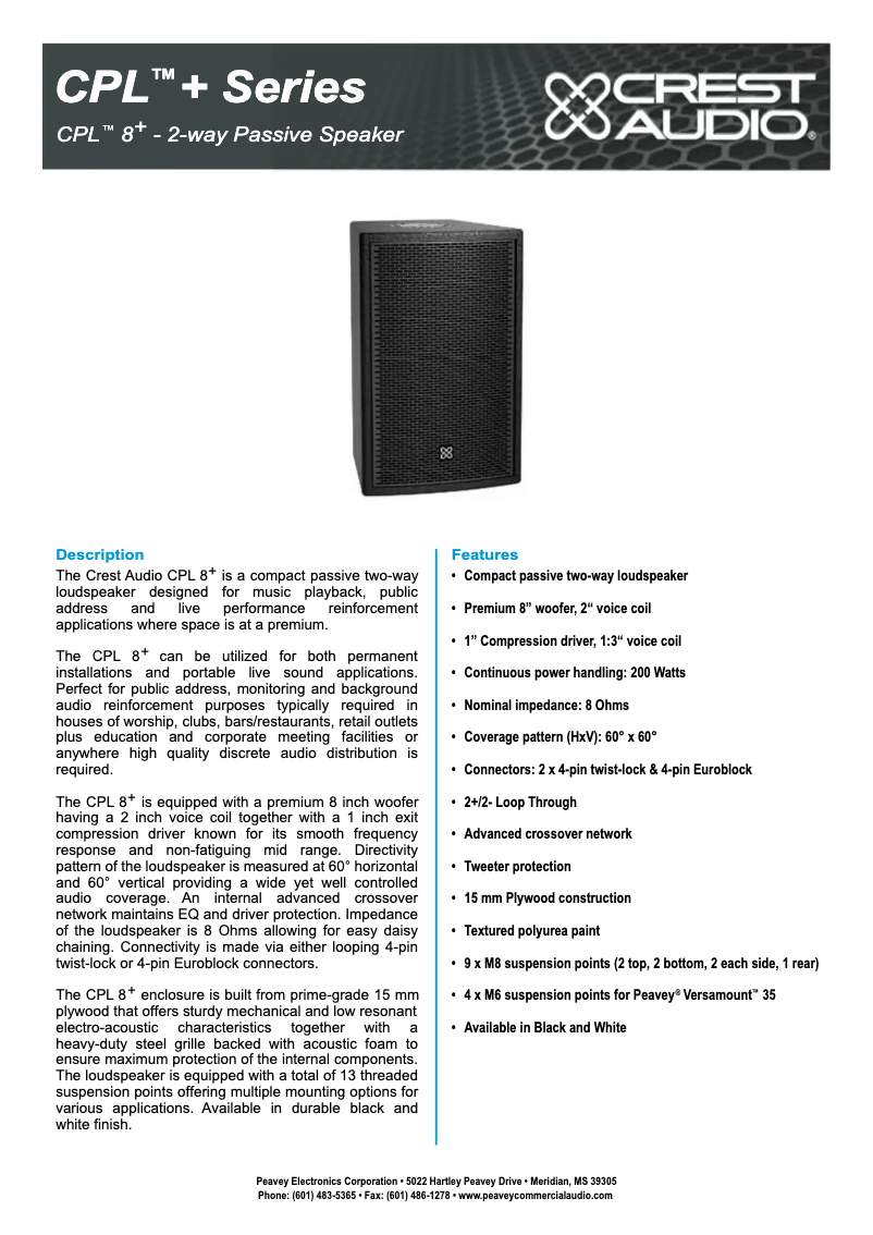 Page 1 de la notice Fiche technique Crest Audio CPL 8+