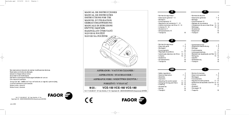 Page 1 de la notice Manuel utilisateur Fagor VCE-180