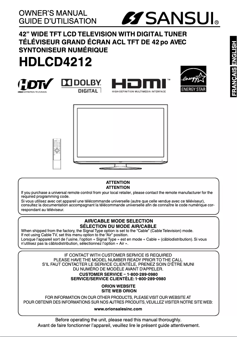 Page 1 de la notice Manuel utilisateur Sansui HDLCD4212