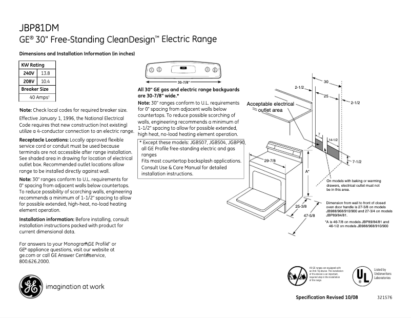 Page n°1 - Fiche technique GE JBP81DMBB