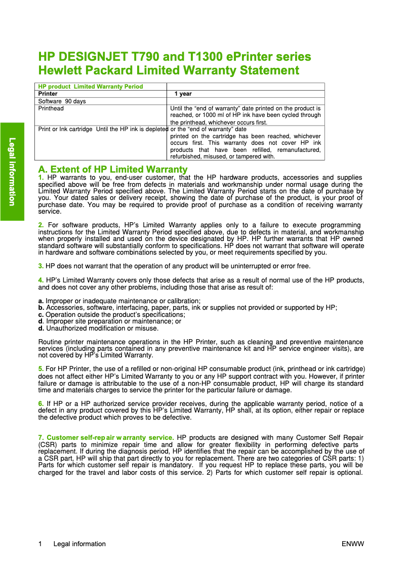 Página 1 del manual Información de garantía HP DesignJet T1300