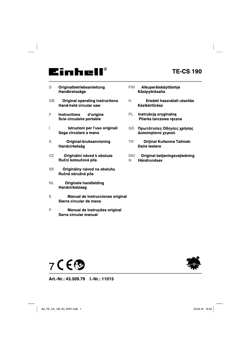 Page 1 de la notice Manuel utilisateur Einhell TE-CS 190