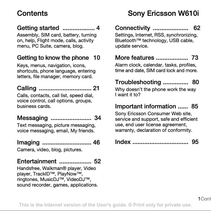 Page 1 of the manual User Manual Sony Ericsson W610