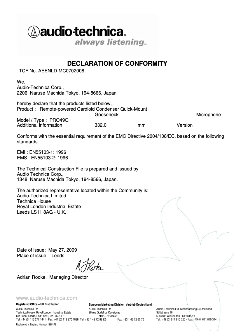 Page 1 de la notice Fiche technique Audio-Technica PRO49Q