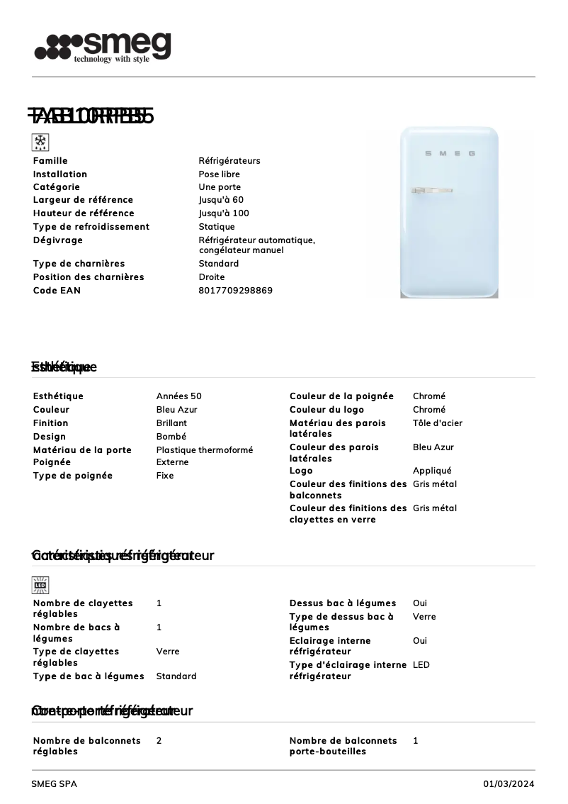 Página 1 del manual Ficha técnica Smeg FAB10RPB5