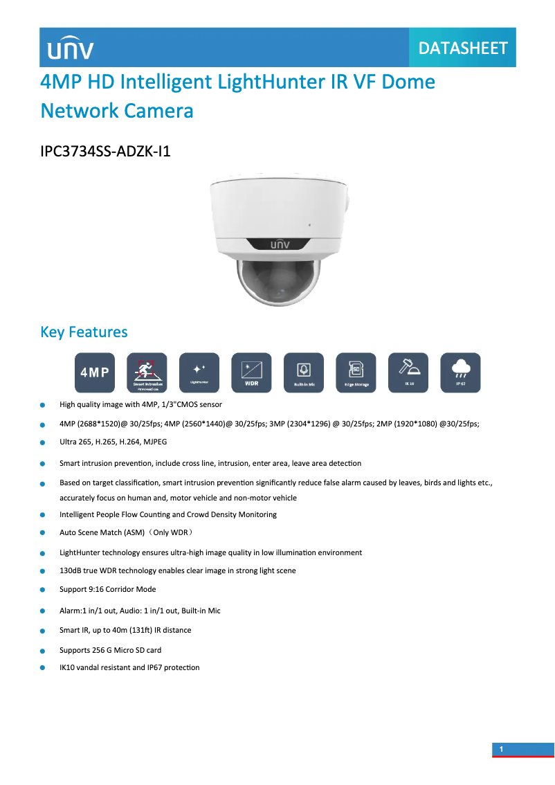 Página 1 del manual Ficha técnica UniView IPC3734SS-ADZK-I1