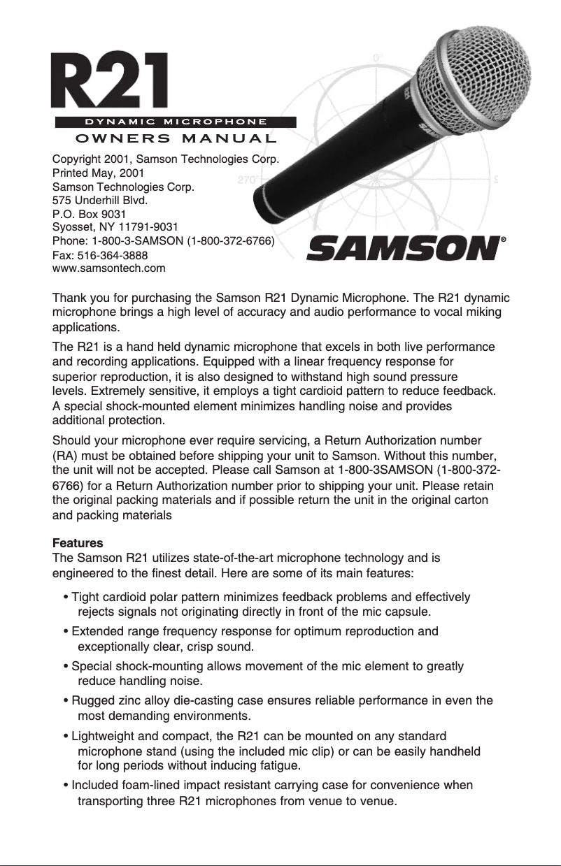Page 1 de la notice Manuel utilisateur Samson R21