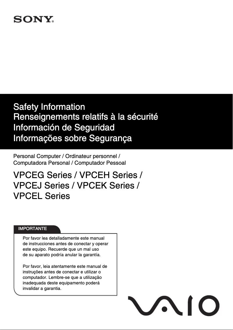 Page 1 de la notice Instructions de sécurité Sony Vaio VPCEG3PFX