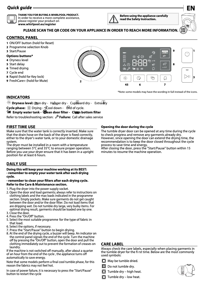 Página 1 del manual Guía de instalación Whirlpool FFT M11 82 SPT