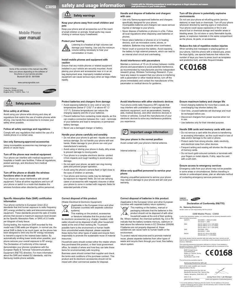 Page 1 de la notice Manuel utilisateur Samsung GT-C3050