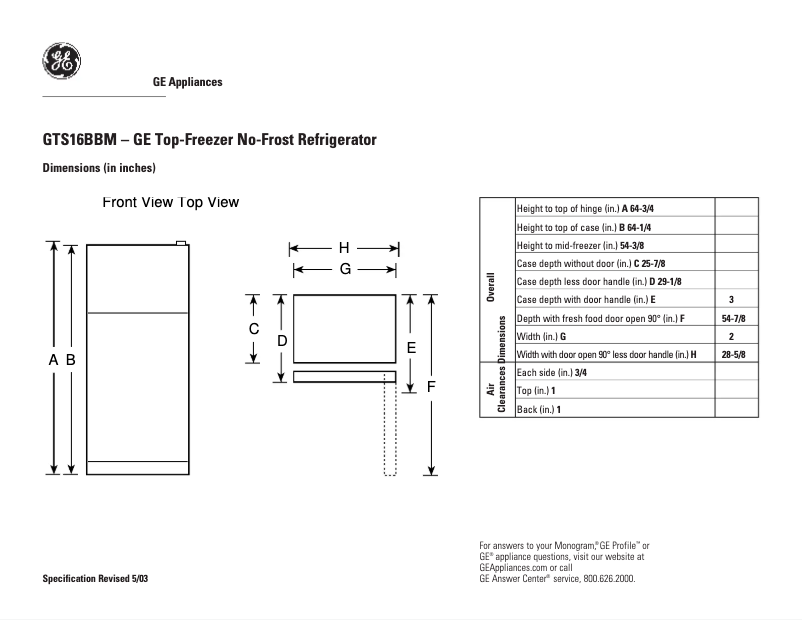 Page n°1 - Fiche technique GE GTS16BBMRAA
