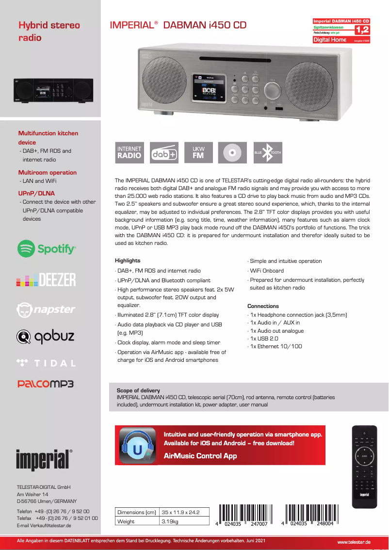 Page 1 de la notice Fiche technique Telestar DABMAN i450 CD