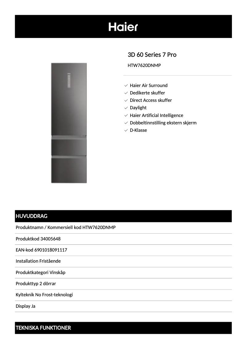 Page 1 de la notice Brochure Haier HTW7620DNMP