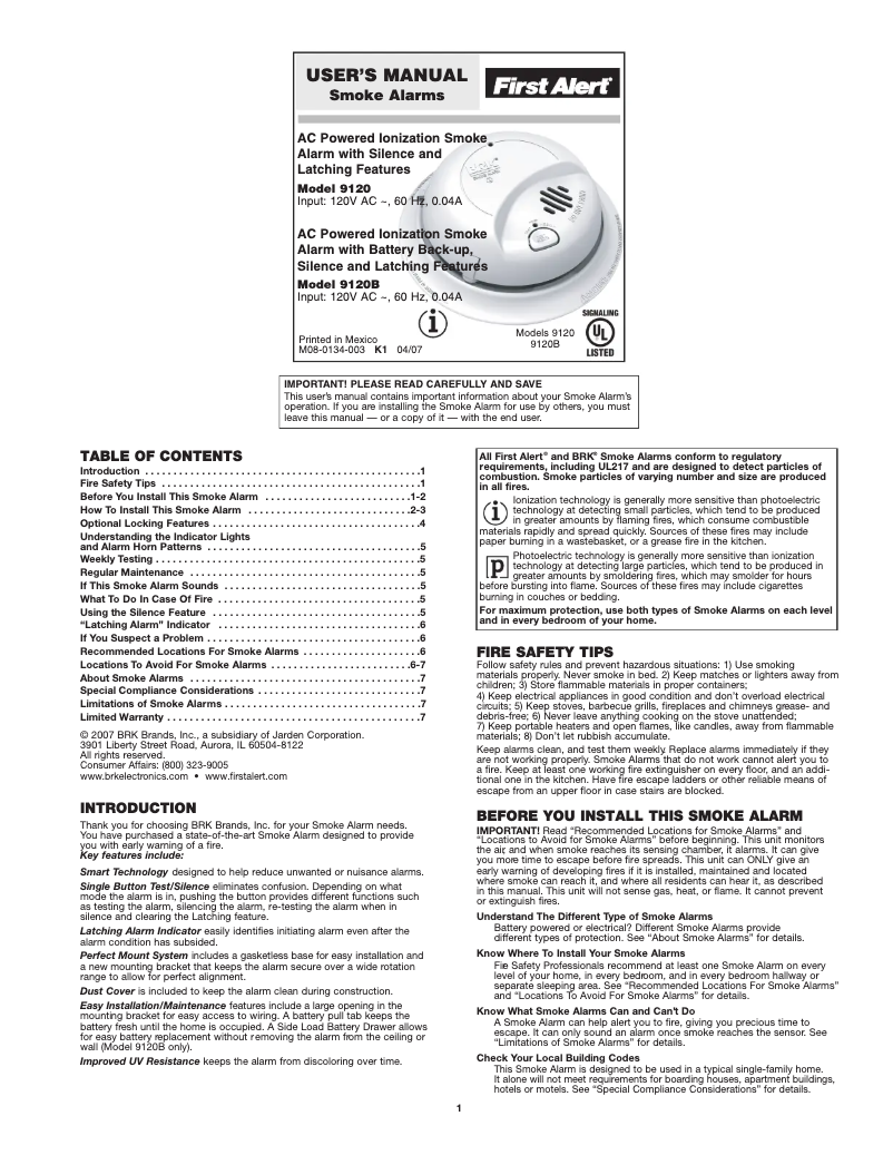 Page 1 de la notice Manuel utilisateur First Alert 9120B6CP