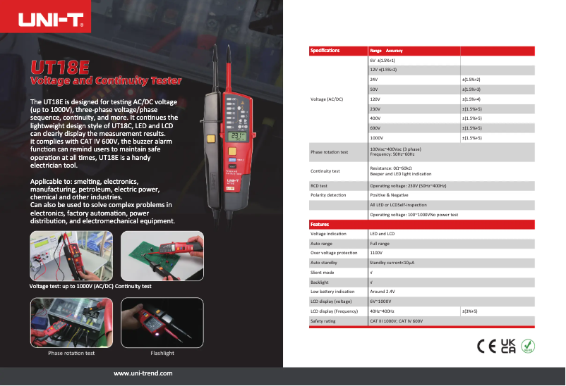 Page 1 de la notice Fiche technique Uni-T UT18E