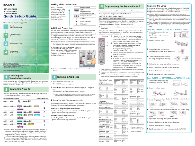 Page 1 de la notice Guide d'installation Sony KDF-55WF655