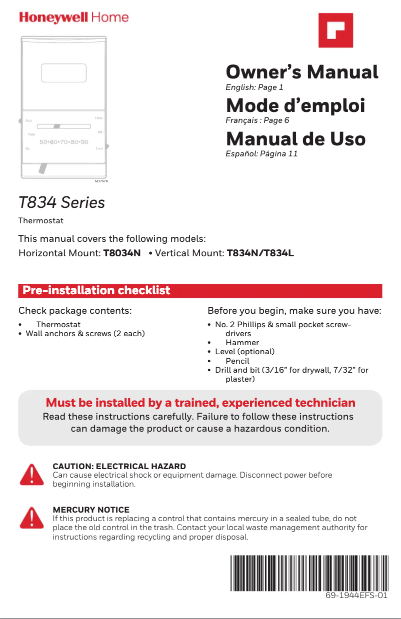 Page 1 de la notice Manuel utilisateur Honeywell T822K1042/U