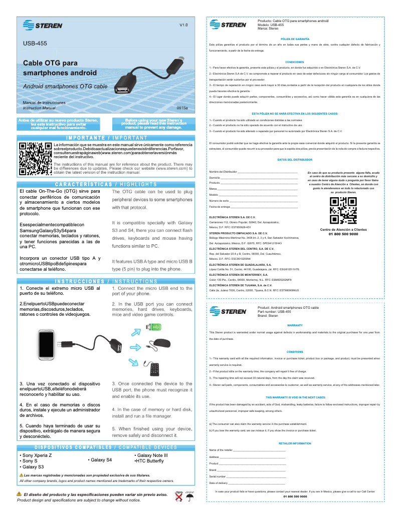 Page 1 de la notice Manuel utilisateur Steren USB-455
