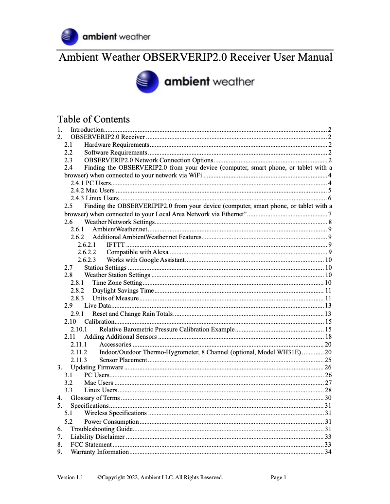 Page 1 de la notice Manuel utilisateur Ambient Weather OBSERVERIP2.0