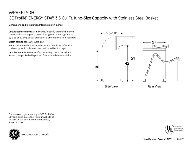 Page n°1 - Fiche technique GE Profile WPRE6150HWT
