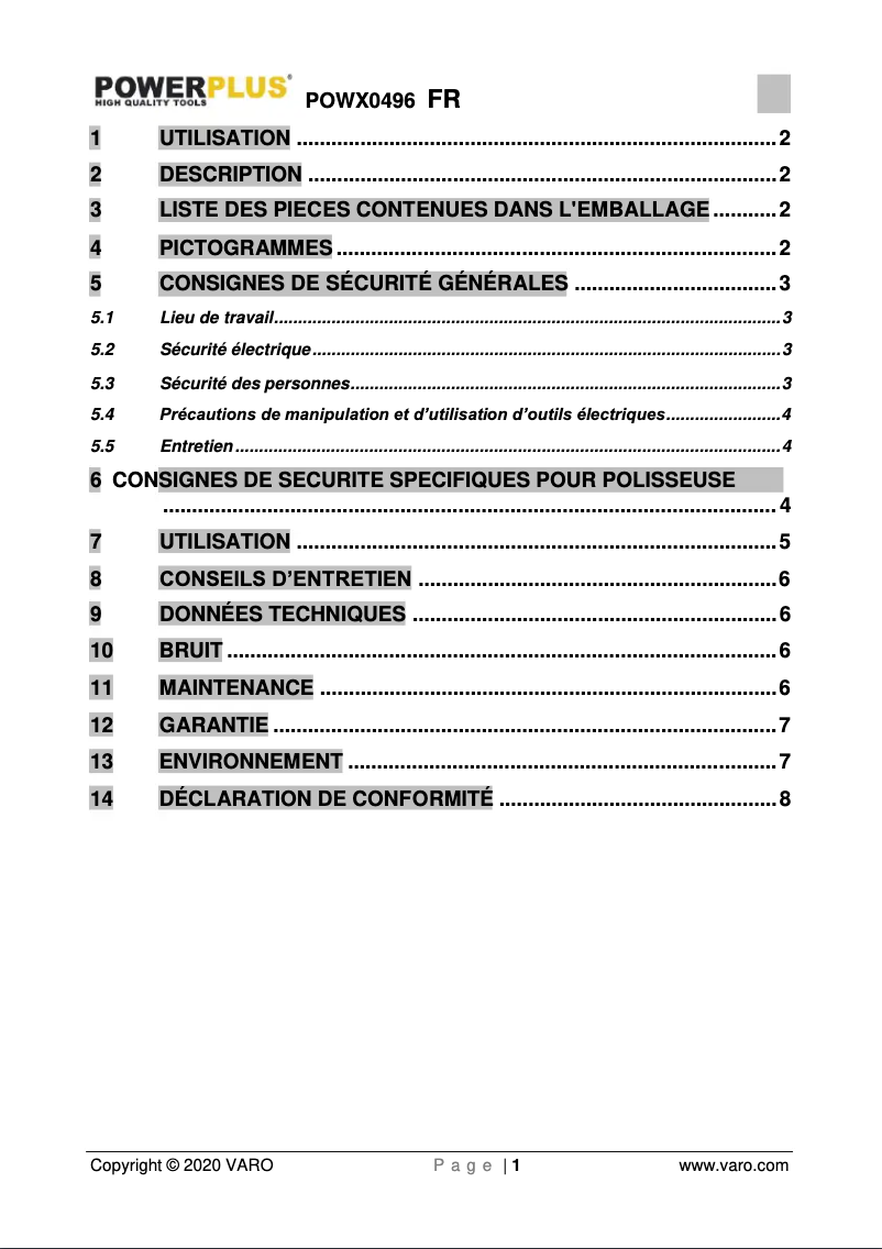 Page 1 de la notice Manuel utilisateur PowerPlus POWX0496