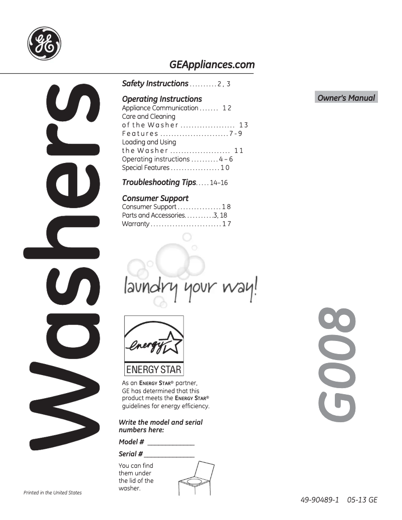 Page 1 of the manual Instruction Manual GE GTWS8650DWS