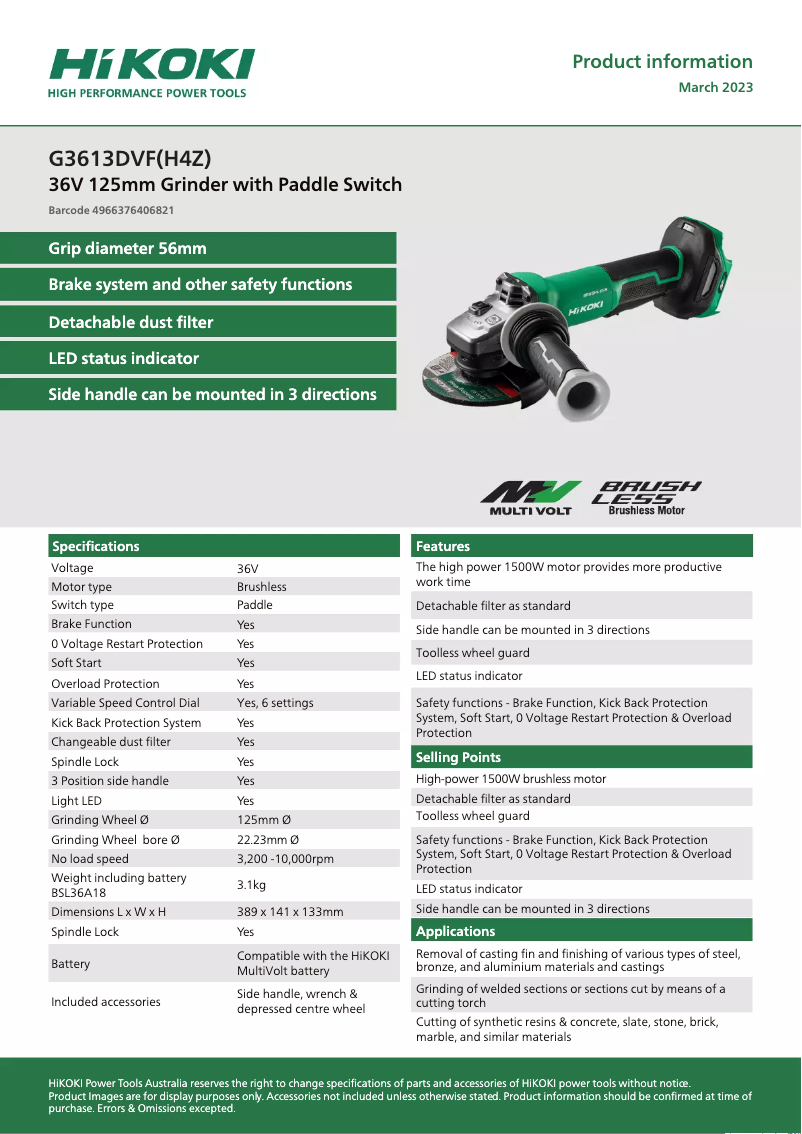 Page 1 de la notice Fiche technique HiKOKI G3613DVF