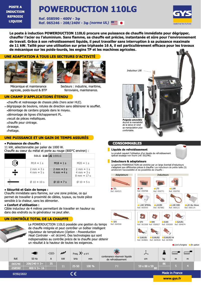 Page 1 of the manual Technical Sheet GYS Powerduction 110LG