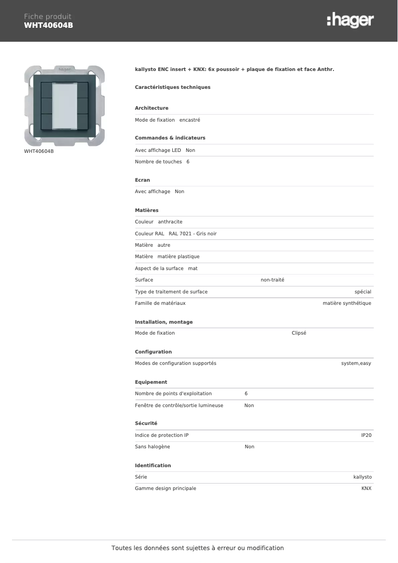 Page 1 de la notice Fiche technique Hager WHT40604B
