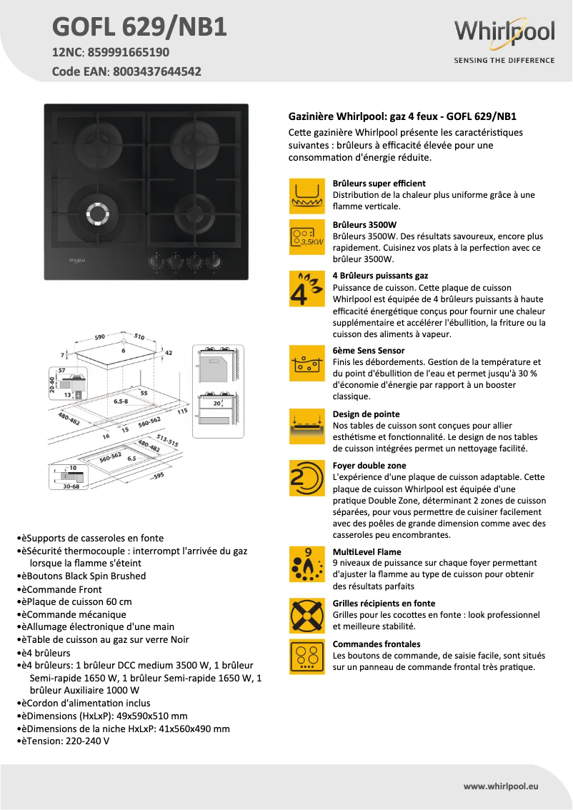 Page 1 de la notice Fiche technique Whirlpool GOFL 629/NB