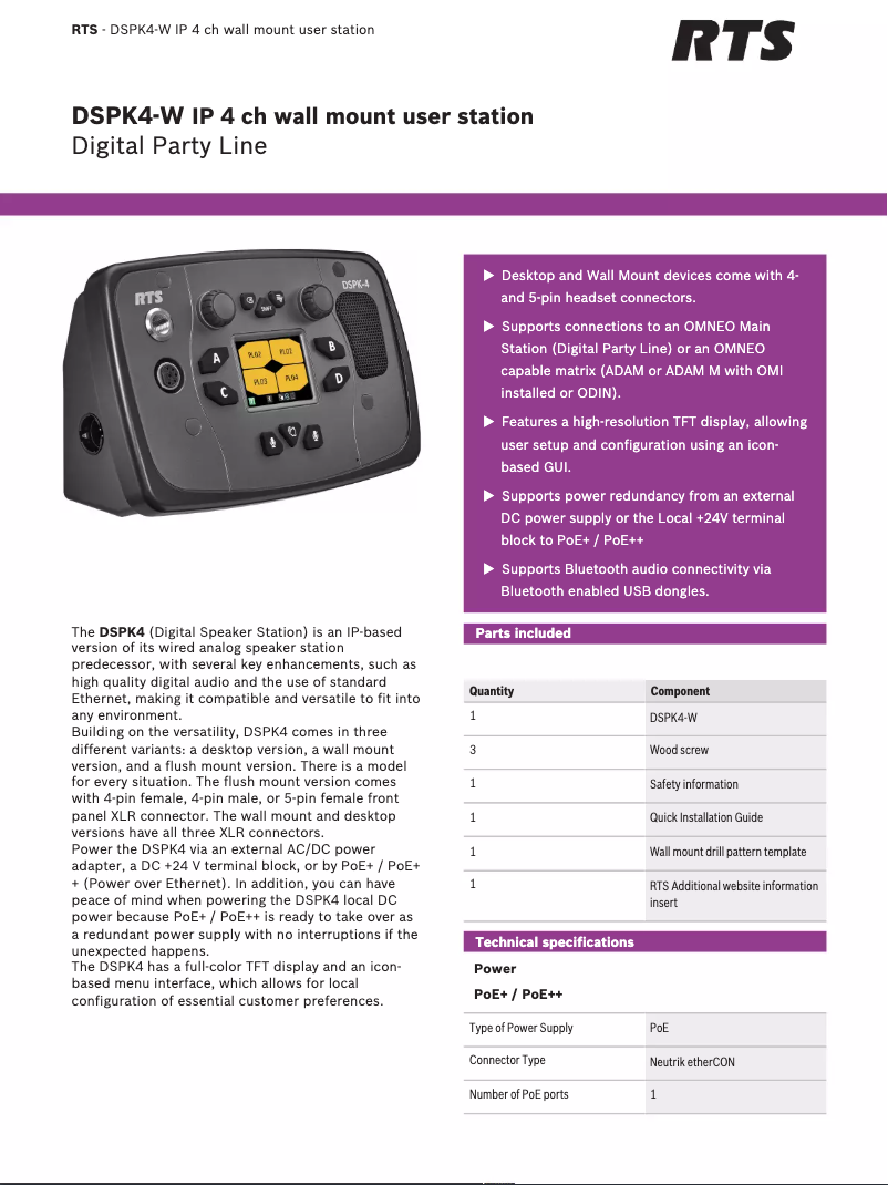 Page 1 de la notice Fiche technique RTS DSPK4