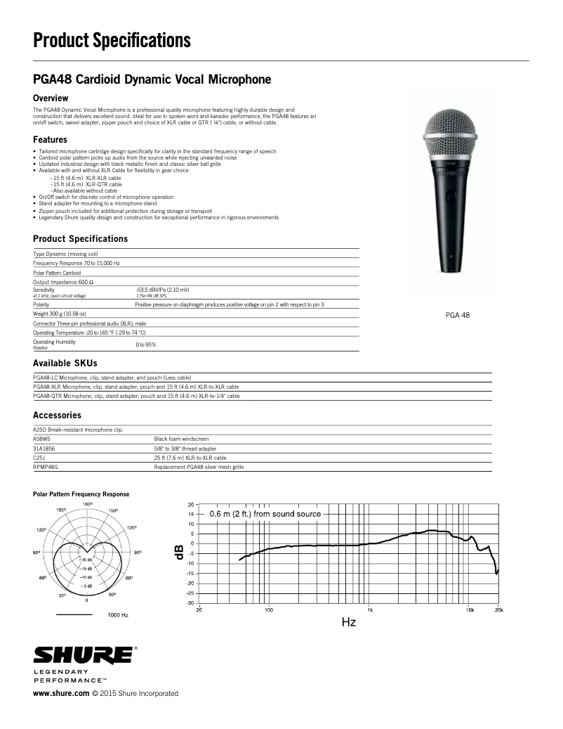 Page 1 de la notice Fiche technique Shure PGA48