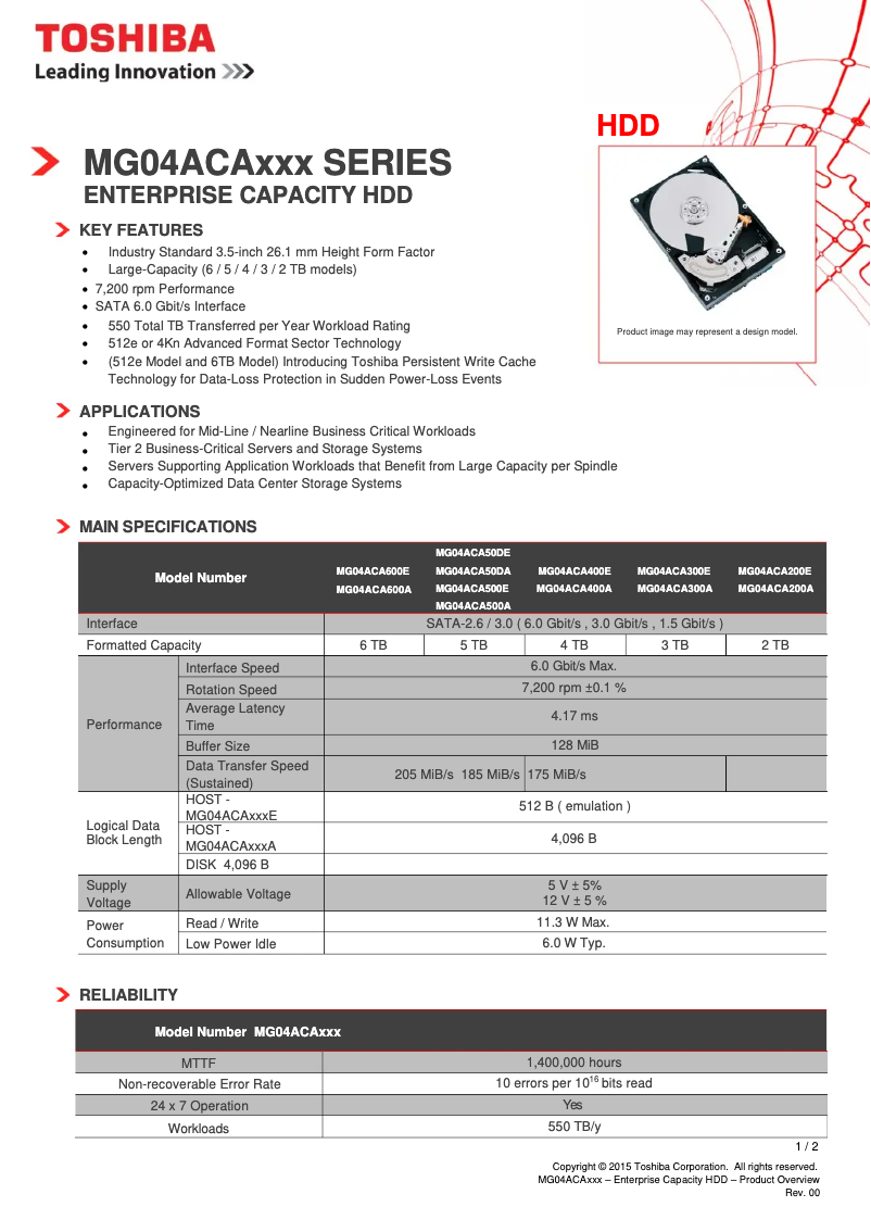 Page 1 de la notice Manuel utilisateur Toshiba MG04ACA50DE