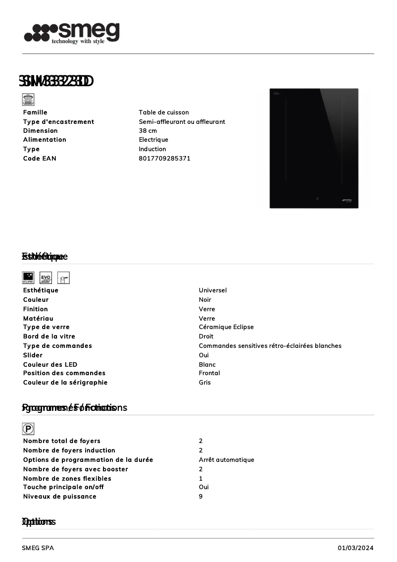 Page 1 de la notice Fiche technique Smeg SIM3323D