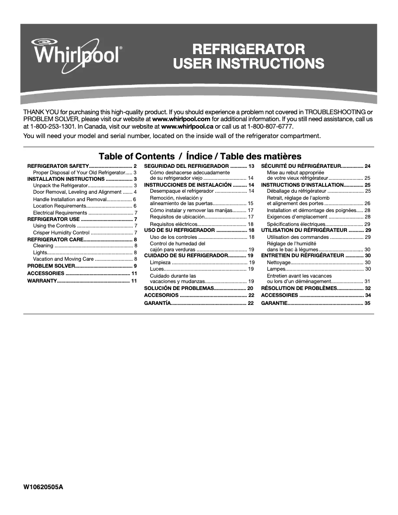 Page 1 de la notice Manuel d'utilisation et d'entretien Whirlpool WRS315SNH