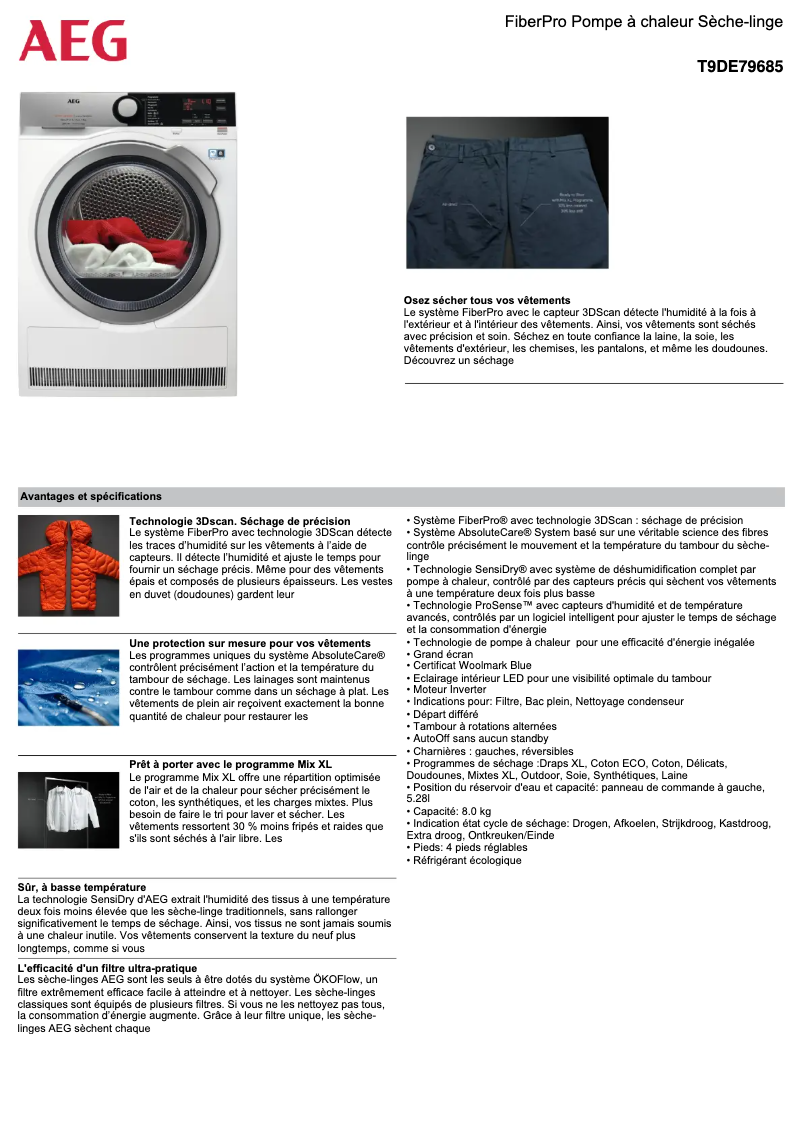 Página 1 del manual Ficha técnica AEG T9DE79685