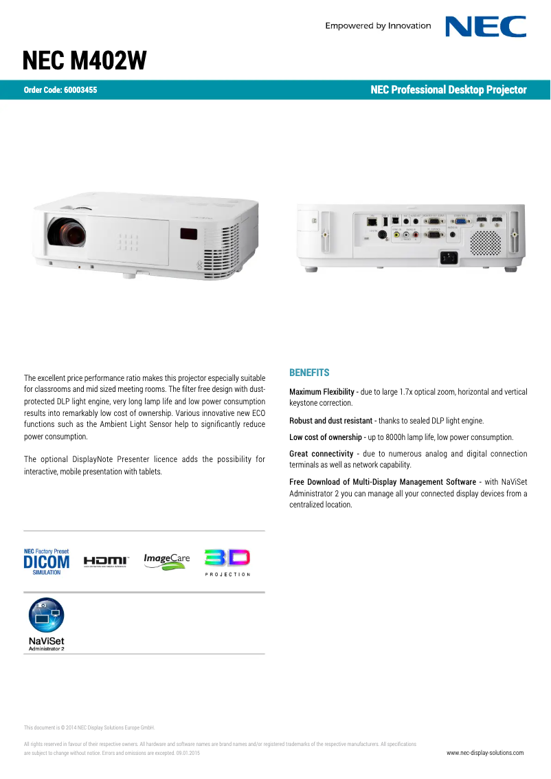 Page 1 de la notice Fiche technique NEC M402W