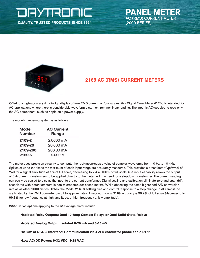 Page 1 de la notice Fiche technique Daytronic 2169-20