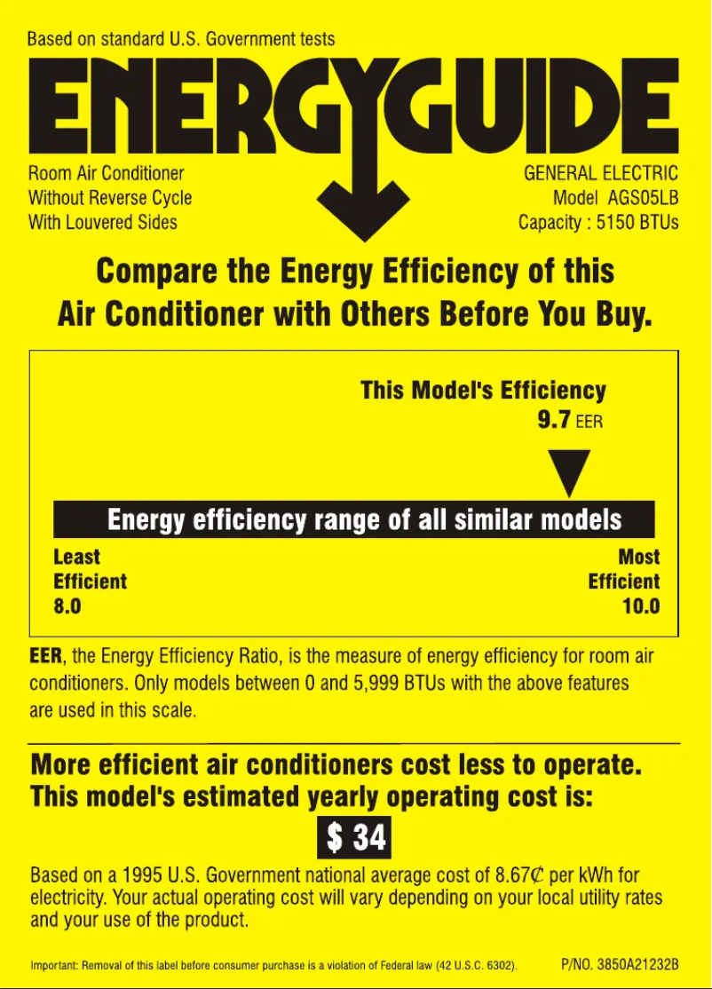 Página 1 del manual Etiqueta energética GE AGS05LB